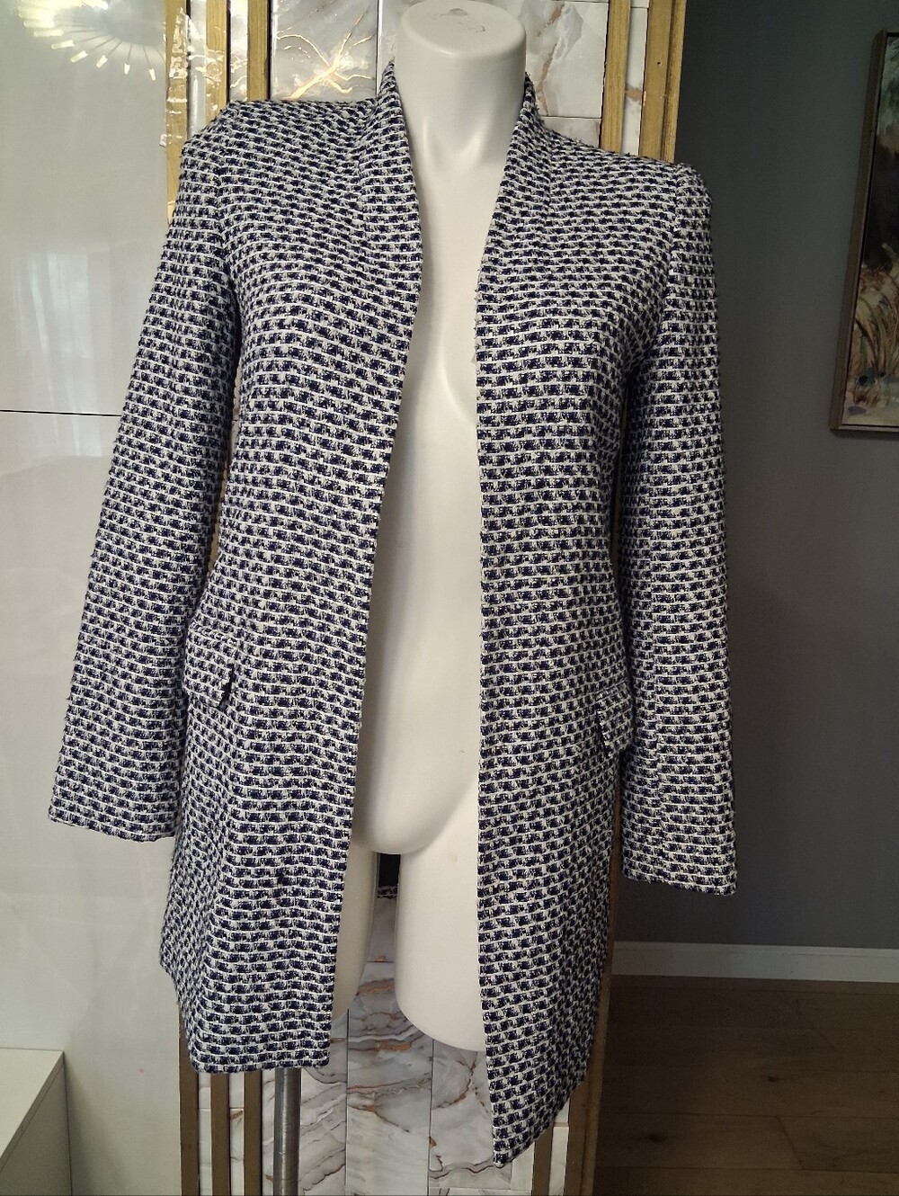 Women’s Open-Front Navy and White Tweed Coat